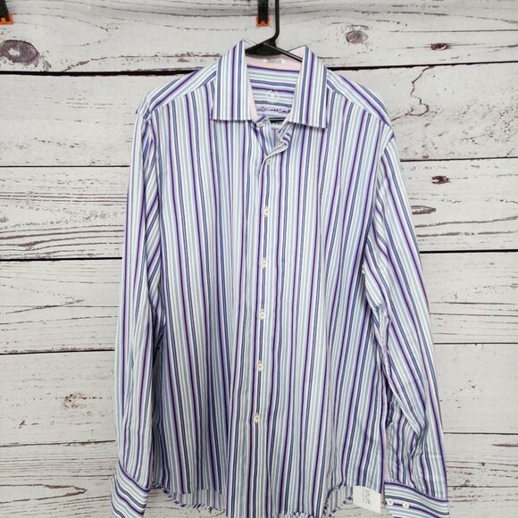 Bugatchi Mens Long Sleeve Purple Pinstriped Dress Shirt Large EUC - Picture 1 of 11